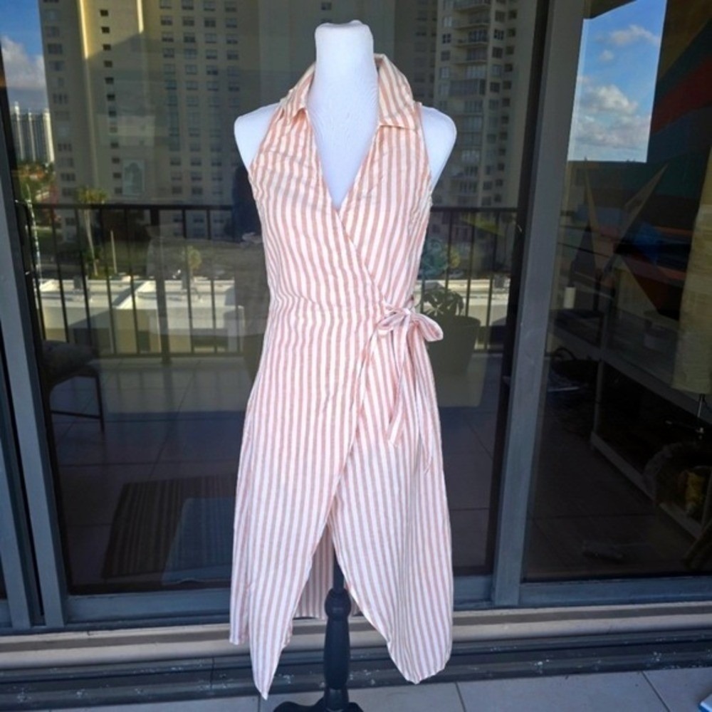 O'Neill‎ Womens Peach White Striped Linen Blend Wrap Dress Size M